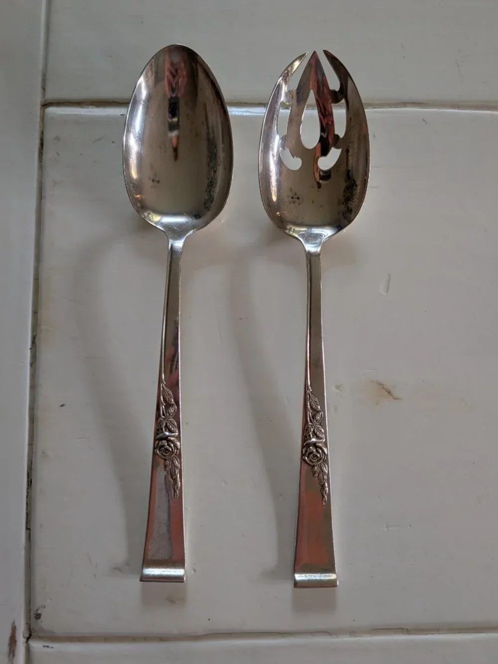 VTG 2 pc Reed & Barton Classic Rose Sterling Silver Table Serving Spoon Pierced